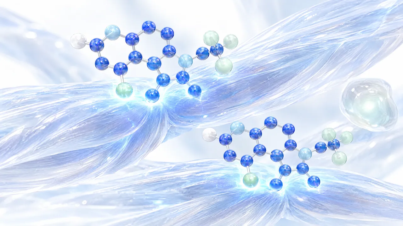 Glass muscle fibre bundles where two small molecules of coloured spheres dock and glow blue, a small glass gland next to them