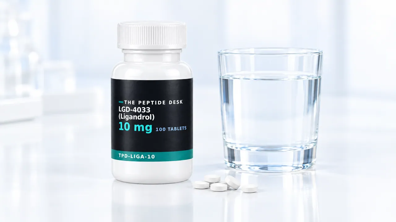 White tablet bottle with the black TPD label for LGD-4033 next to a glass of water, a few white tablets in front
