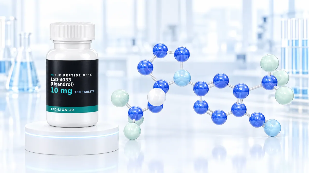 White tablet bottle with the black TPD label for LGD-4033 on a white podium, next to a blue 3D molecule model in a bright lab