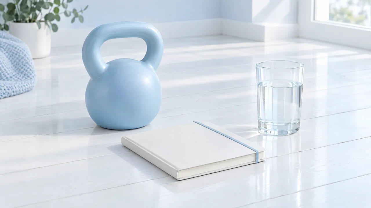 Light blue kettlebell, a closed white notebook and a glass of water on a light wooden floor