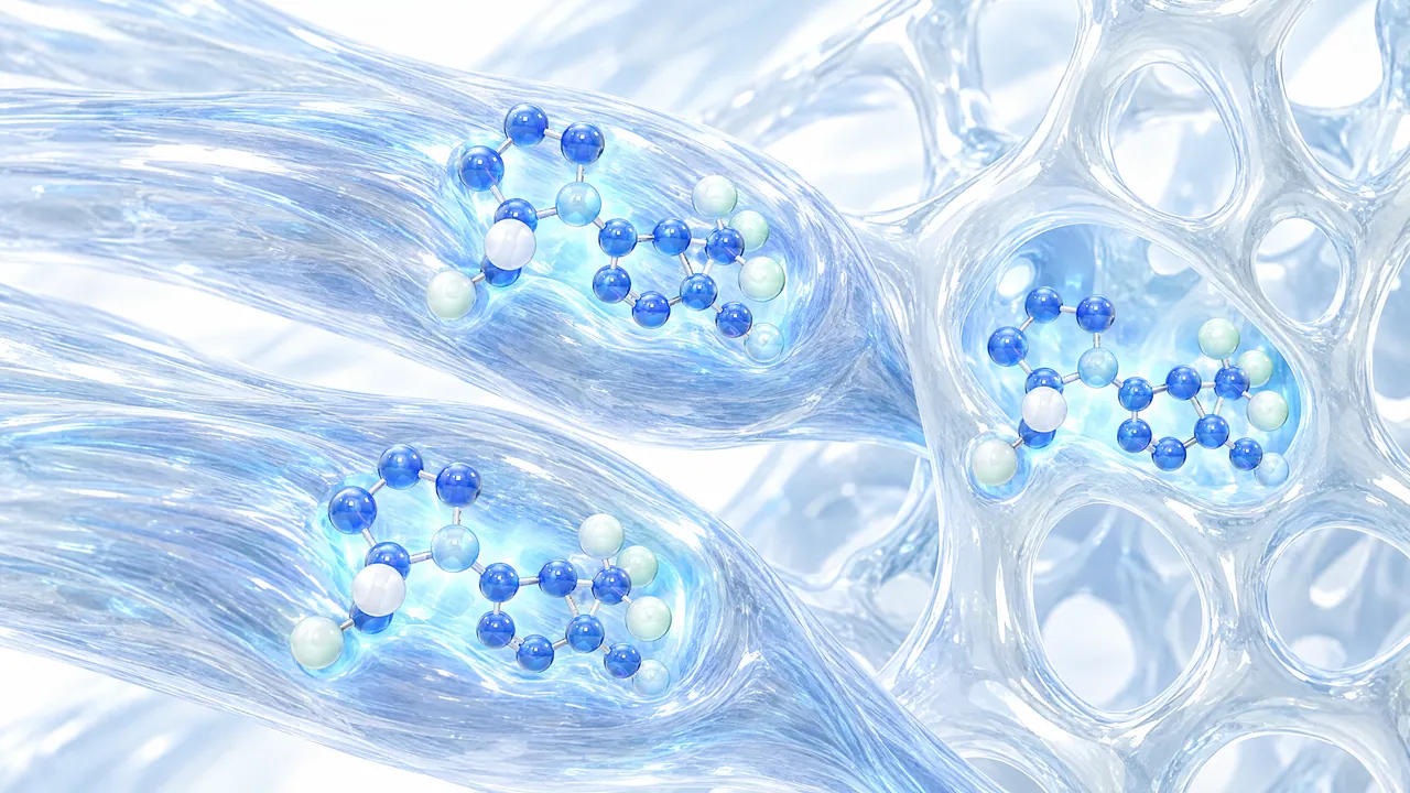 Glass muscle fibre strands with embedded blue molecules, on the right a honeycomb-like bone structure that also holds a molecule