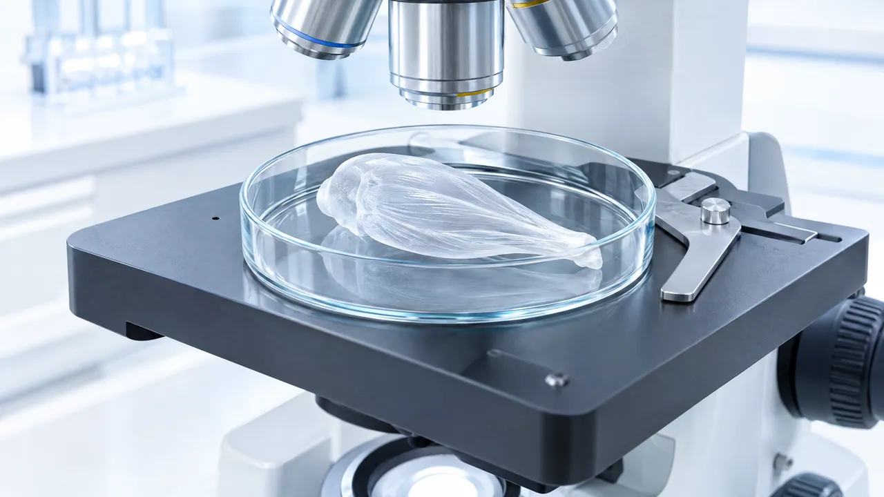 Transparent muscle model in a petri dish on a microscope stage