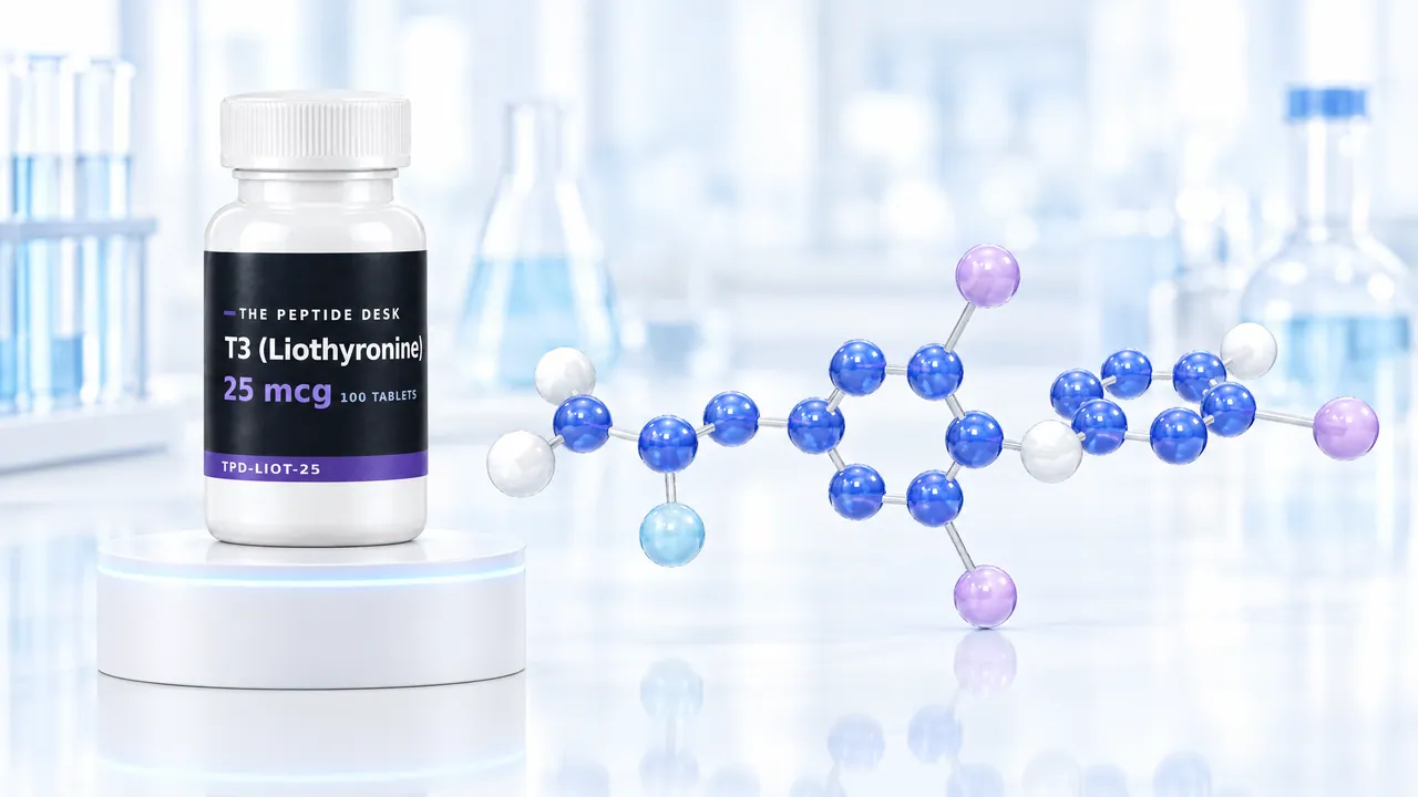 White tablet bottle with the black TPD label for T3 on a white podium, next to a blue 3D molecule model with purple iodine atoms in a bright lab