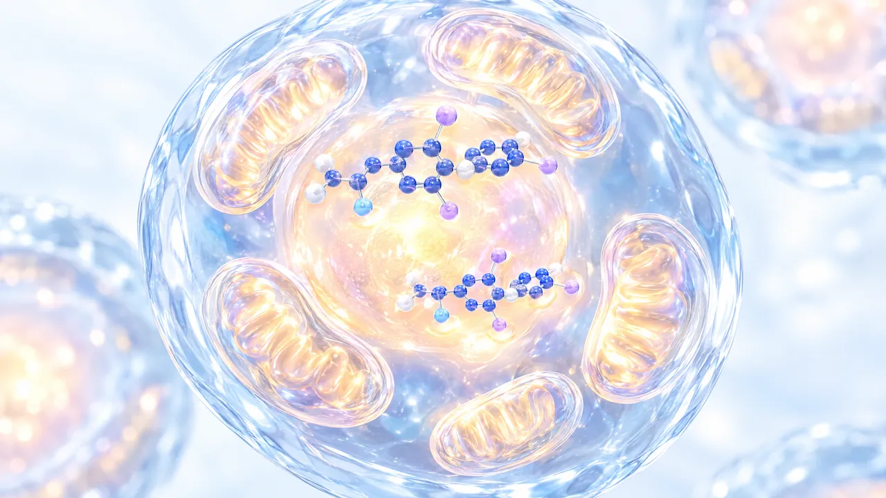 Transparent cell with warmly glowing mitochondria around the edge, two blue molecules with purple iodine atoms in the nucleus