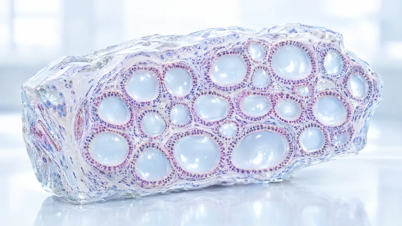 Glass tissue piece with round follicles lined by purple cells, resembling thyroid tissue