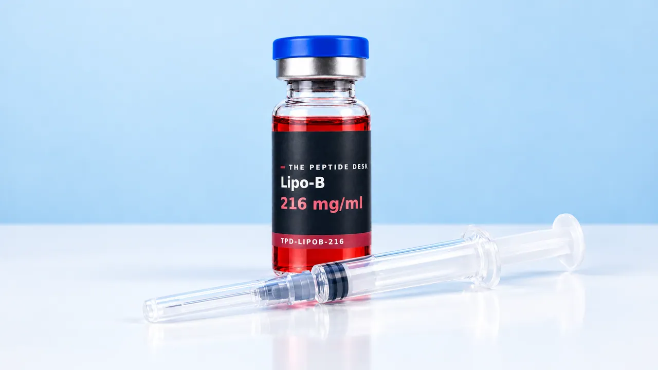 Glass vial with red solution, a blue cap and a black TPD label for Lipo-B, a disposable syringe beside it