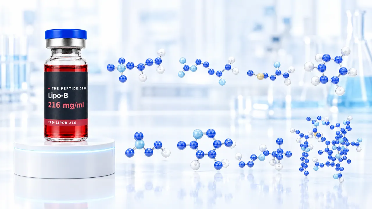 Lipo-B glass vial with red solution and the black TPD label on a white podium, next to several blue 3D molecule models in a bright lab