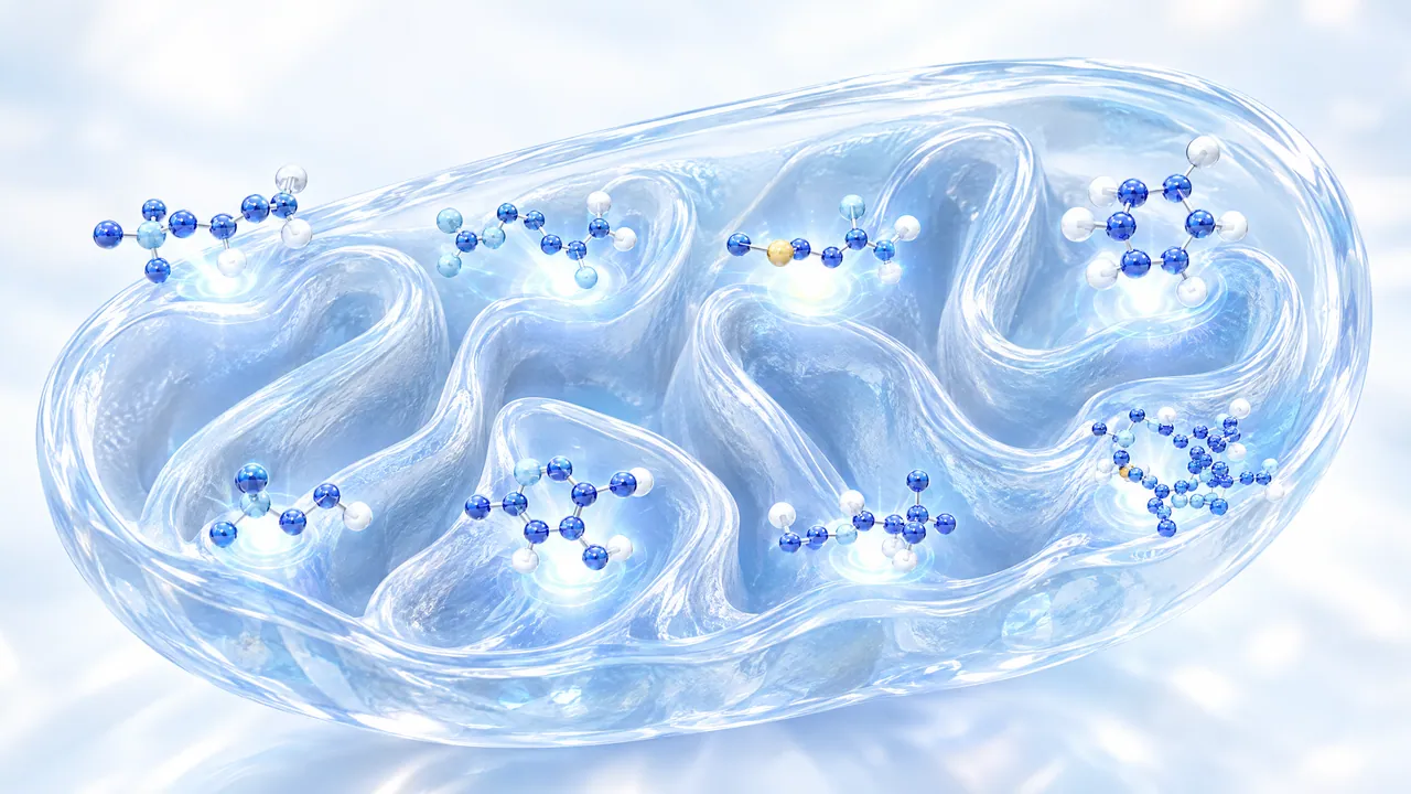 Glass mitochondrion with folded inner membranes, glowing blue molecule models sit in the folds
