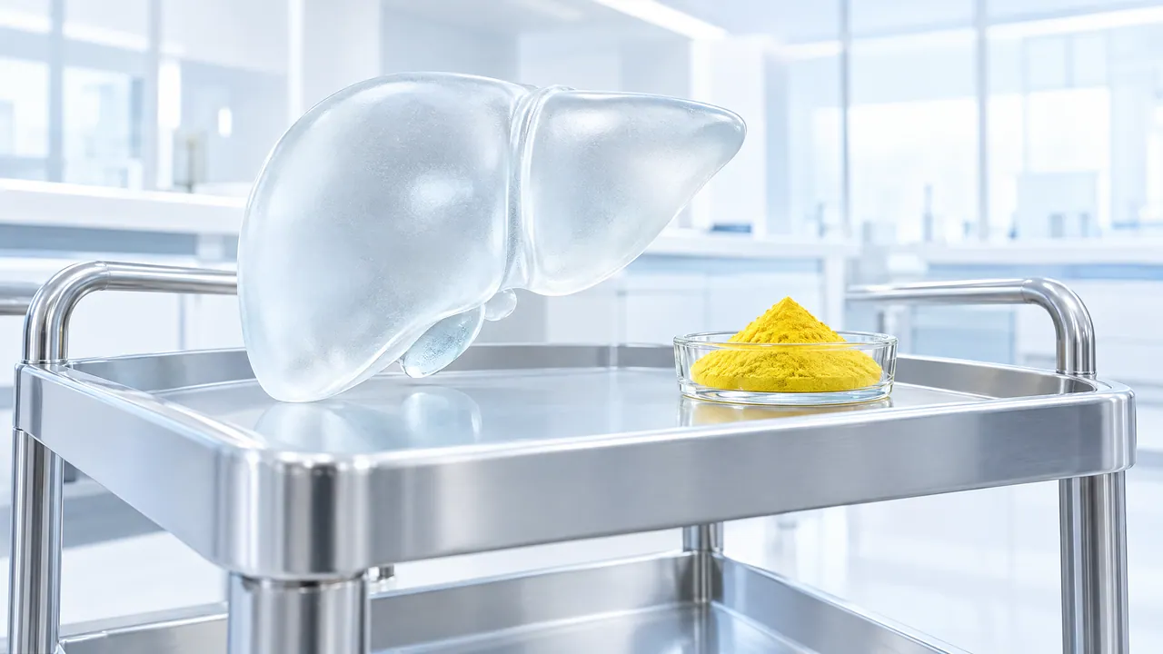 Glass liver on a stainless steel lab trolley, next to a small glass dish with yellow powder in a bright lab