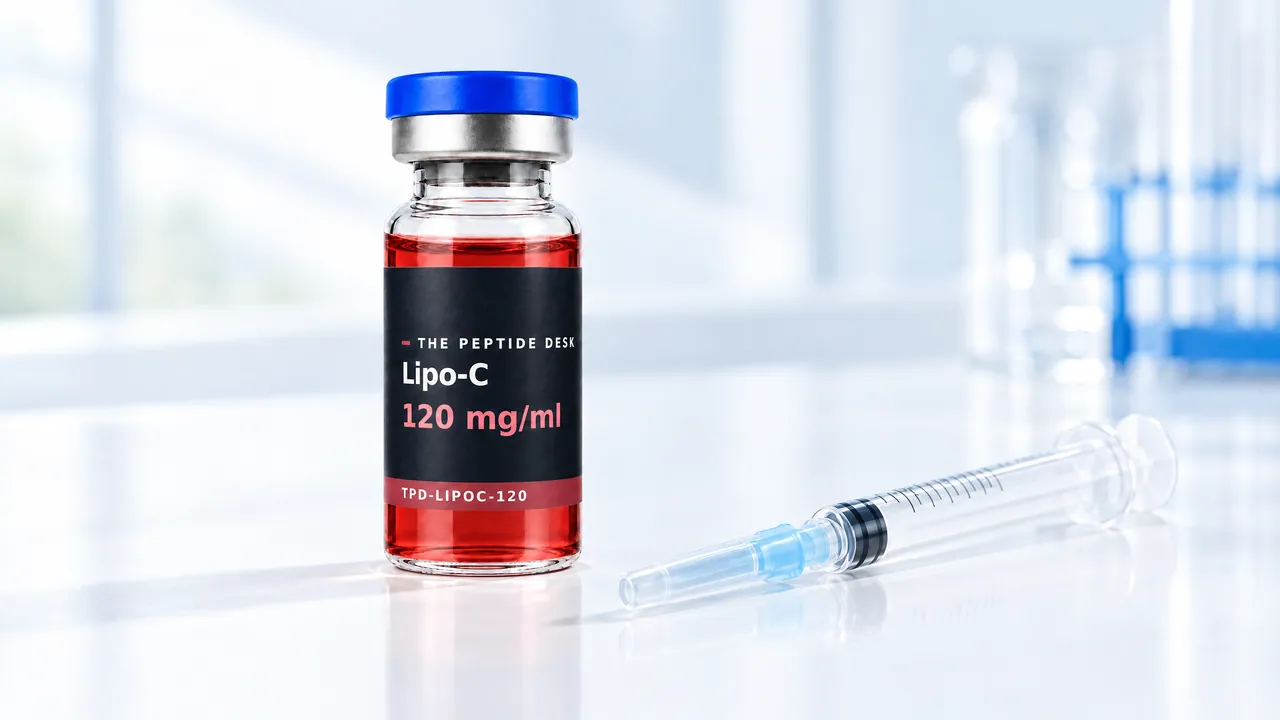 Glass vial with red solution, a blue cap and a black TPD label for Lipo-C, a disposable syringe beside it