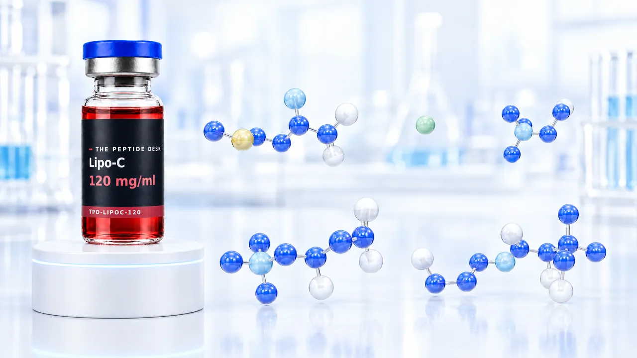Lipo-C glass vial with red solution and the black TPD label on a white podium, next to blue 3D molecule models in a bright lab
