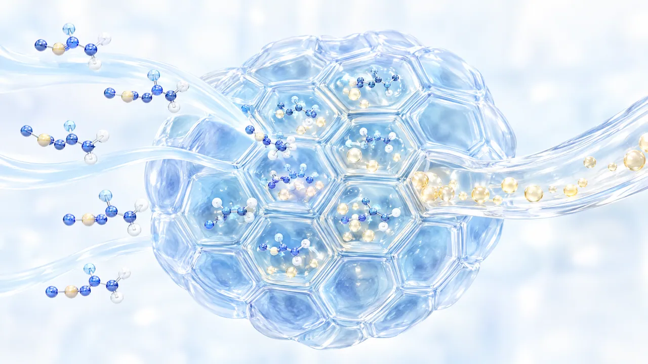 Glass cell made of honeycomb chambers, blue molecule models stream in from the left, golden droplets flow out through a channel on the right