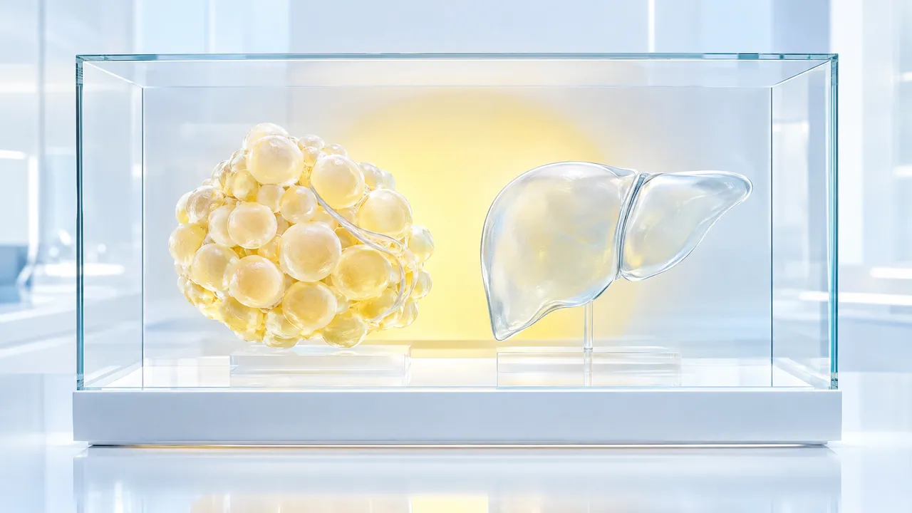 A glass liver and a cluster of yellow fat cells in a glass display case on a white base