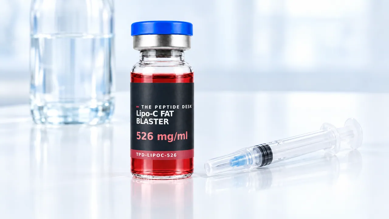 Glass vial with red solution, a blue cap and a black TPD label for Lipo-C FAT BLASTER, a disposable syringe beside it, a water bottle behind