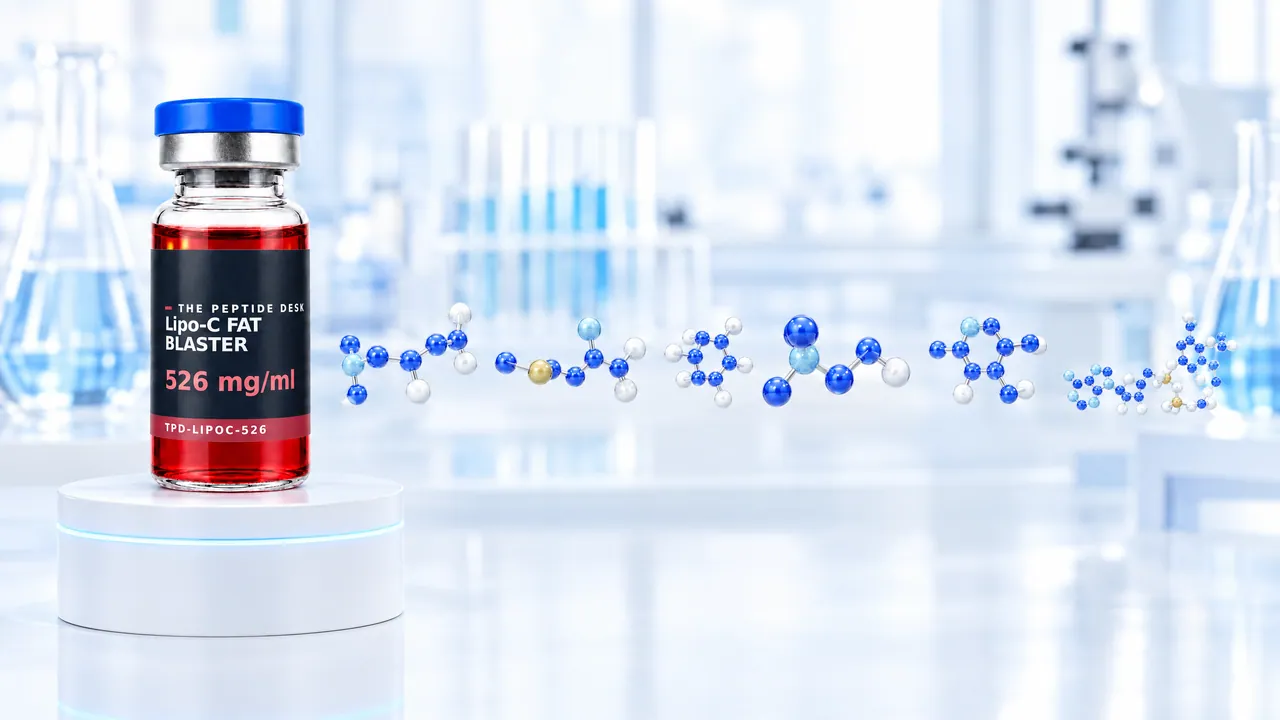 Lipo-C FAT BLASTER glass vial with red solution and the black TPD label on a white podium, next to blue 3D molecule models in a bright lab