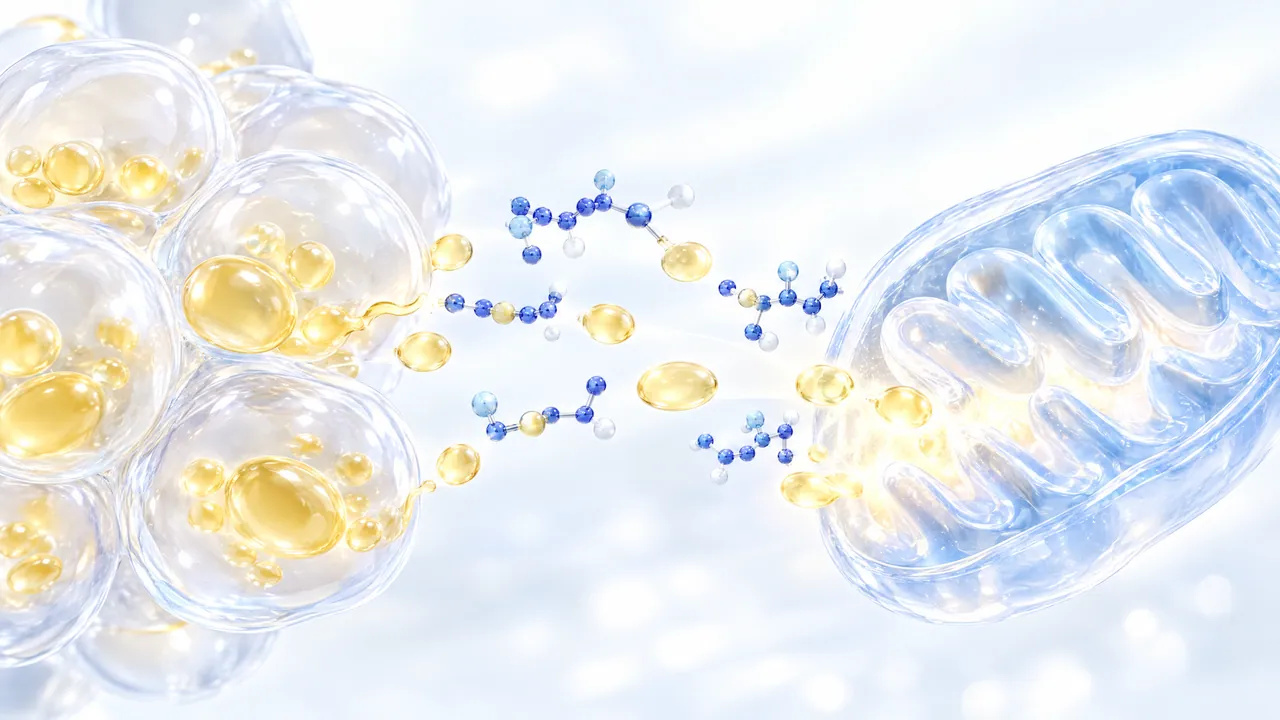 Golden fat droplets in glass bubbles on the left, blue molecule models in the middle, a stream of golden droplets flows right into a glass mitochondrion