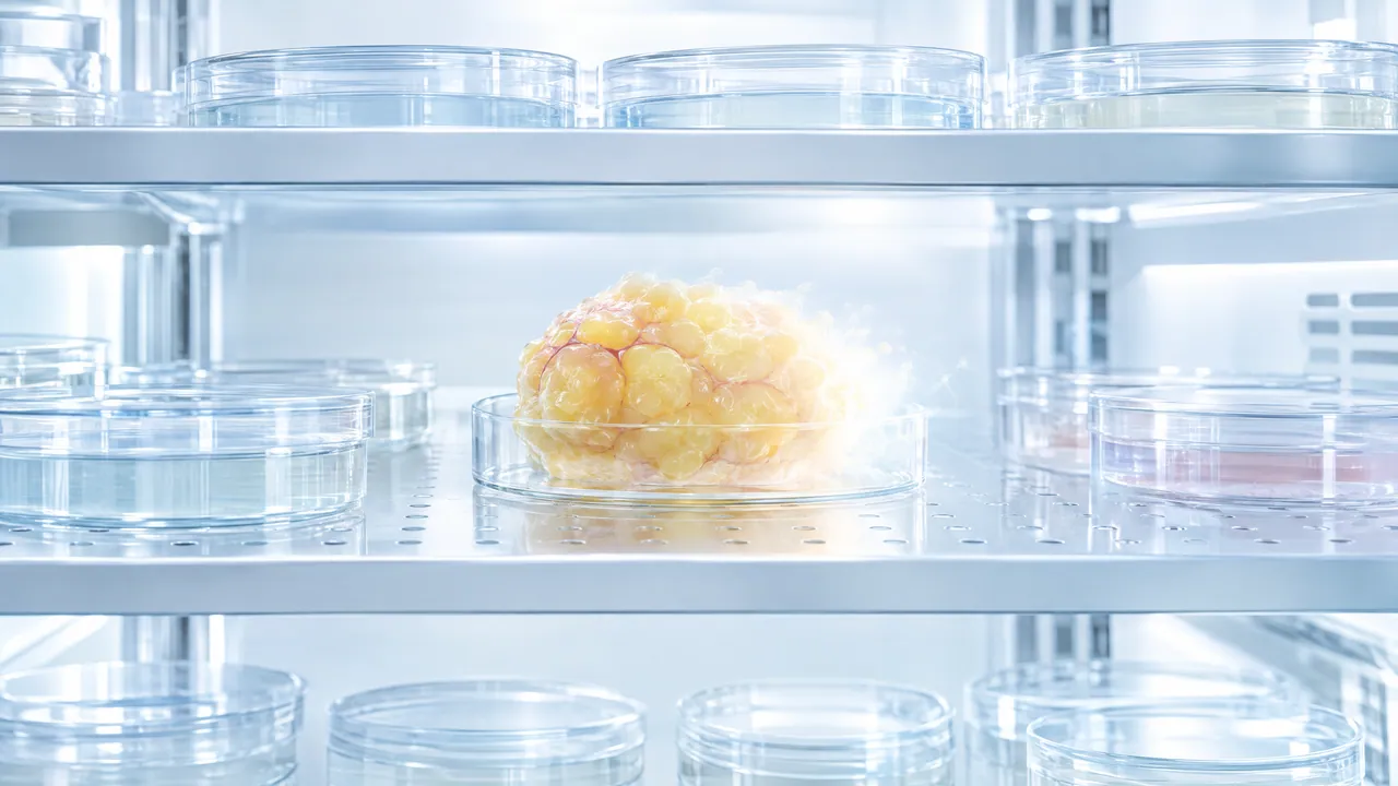 A tissue sample of yellow fat cells in a petri dish on the grid shelf of a bright lab cabinet, surrounded by empty dishes