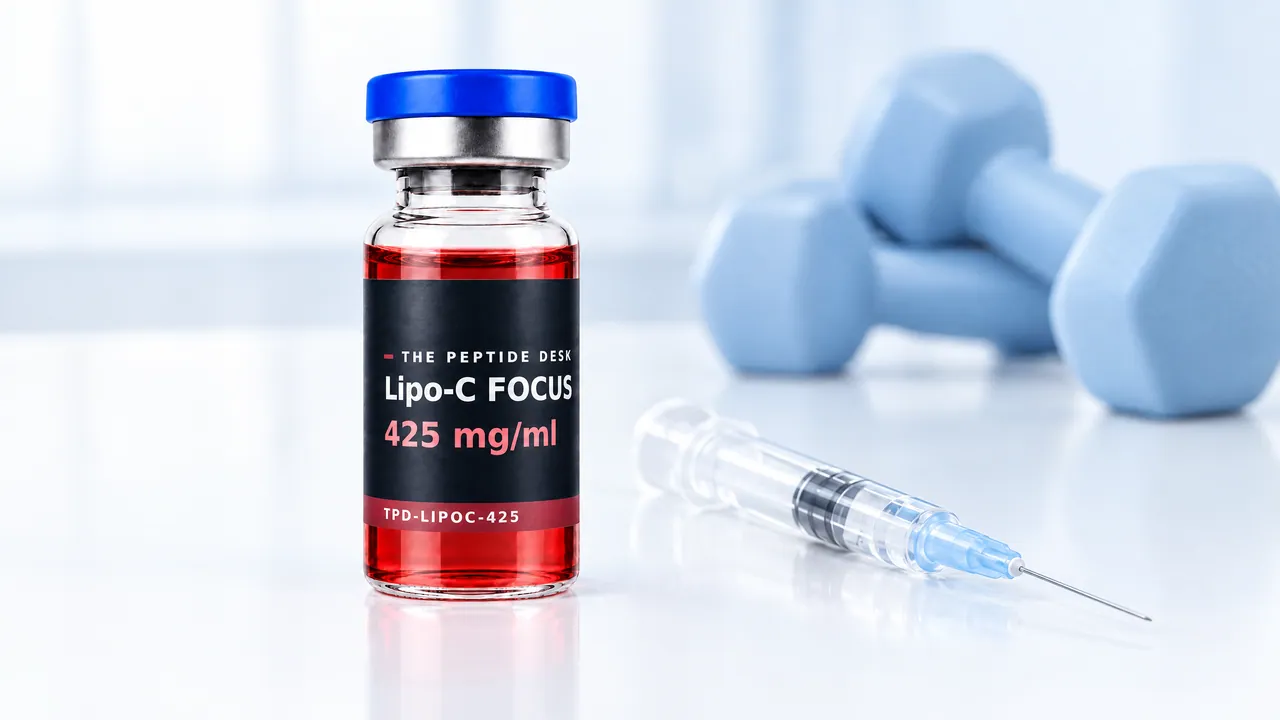 Glass vial with red solution, a blue cap and a black TPD label for Lipo-C FOCUS, a disposable syringe and two light blue dumbbells beside it