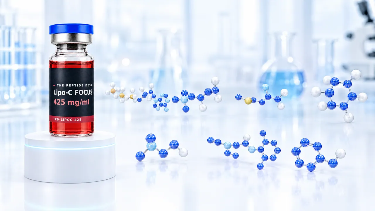 Lipo-C FOCUS glass vial with red solution and the black TPD label on a white podium, next to blue 3D molecule models in a bright lab