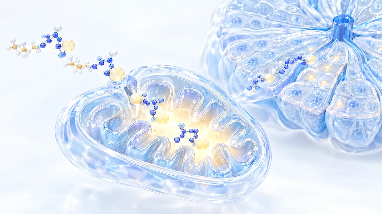 Glass mitochondrion with a folded interior, a chain of blue molecule models and golden spheres leads into it, behind it a larger glass cell structure