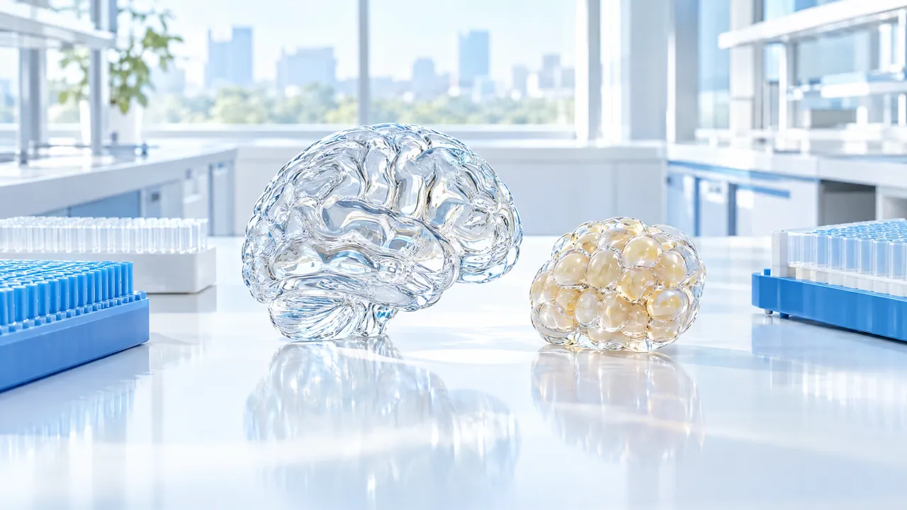 Glass brain and a cluster of yellow fat cells on a white lab bench, next to blue sample racks in front of large windows