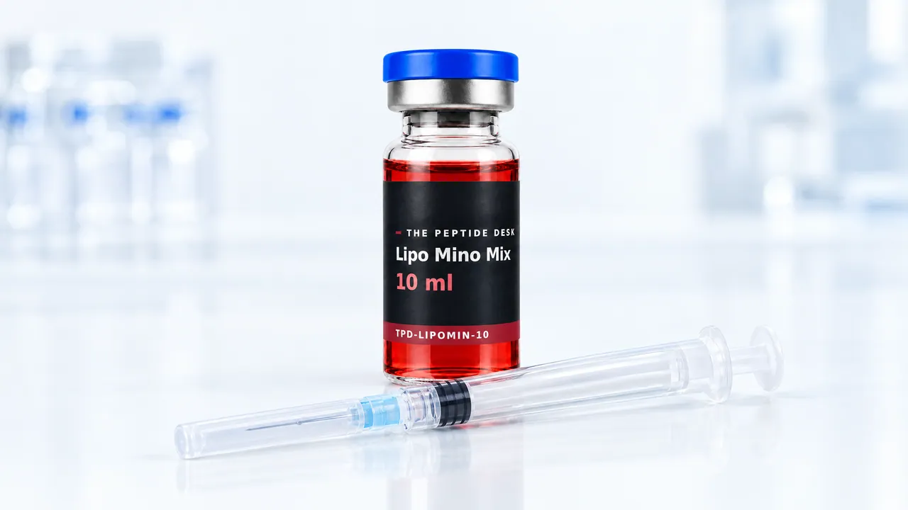 Glass vial with red solution and a black TPD label, in front of it a disposable syringe with a blue needle cap on a white table