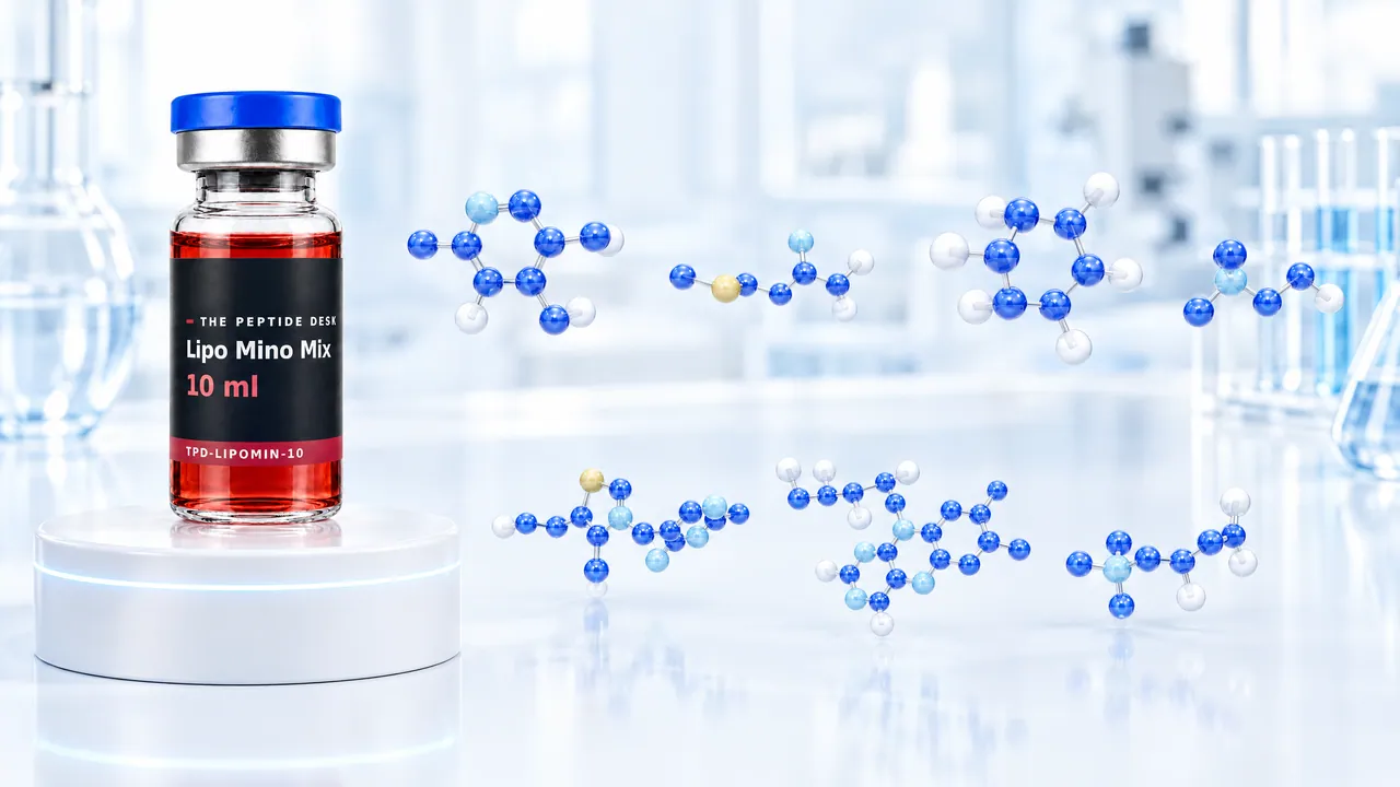Glass vial with red solution and a black TPD label on a white podium, next to it several small blue 3D molecules in a bright lab, symbolic image for Lipo Mino Mix