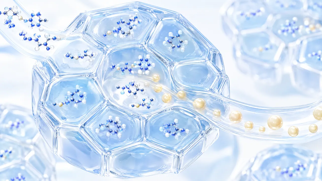 Transparent honeycomb-like cell structure with small blue 3D molecules in each chamber, a tube carries golden fat droplets out