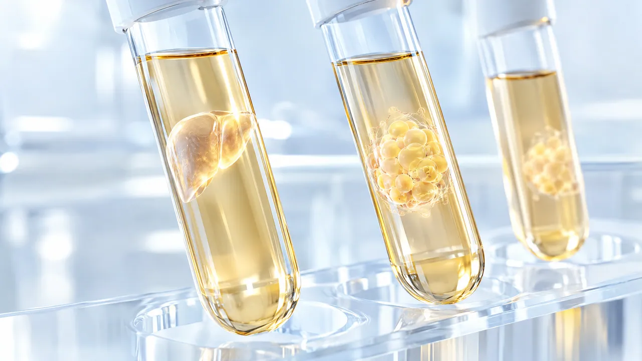 Three test tubes with pale yellow liquid, a small liver model in the first, clusters of fat cells in the others