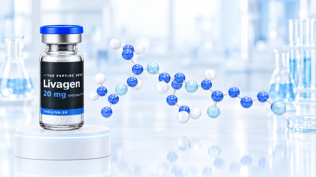 Vial with white powder, a blue cap and a black TPD label for Livagen on a white podium, next to it a chain of blue and white glass spheres as a molecule model in a bright lab