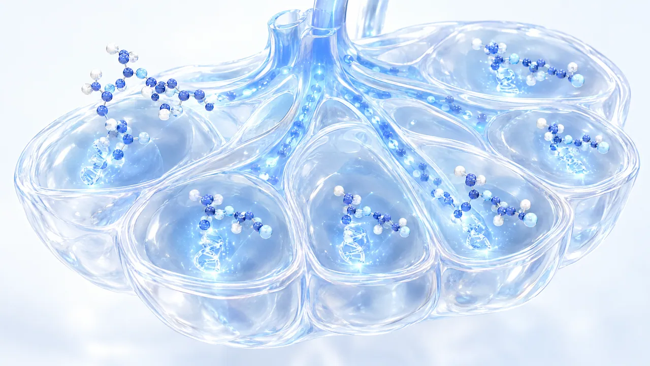 Liver lobule of translucent glass with branching channels, in each chamber a small blue molecule next to a glowing DNA helix