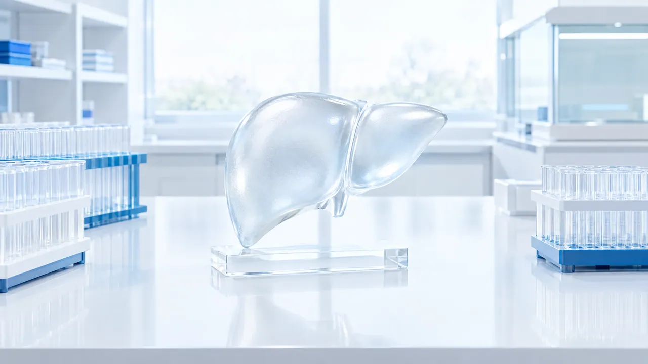 Frosted glass liver on a bright lab bench, racks of test tubes on the left and right