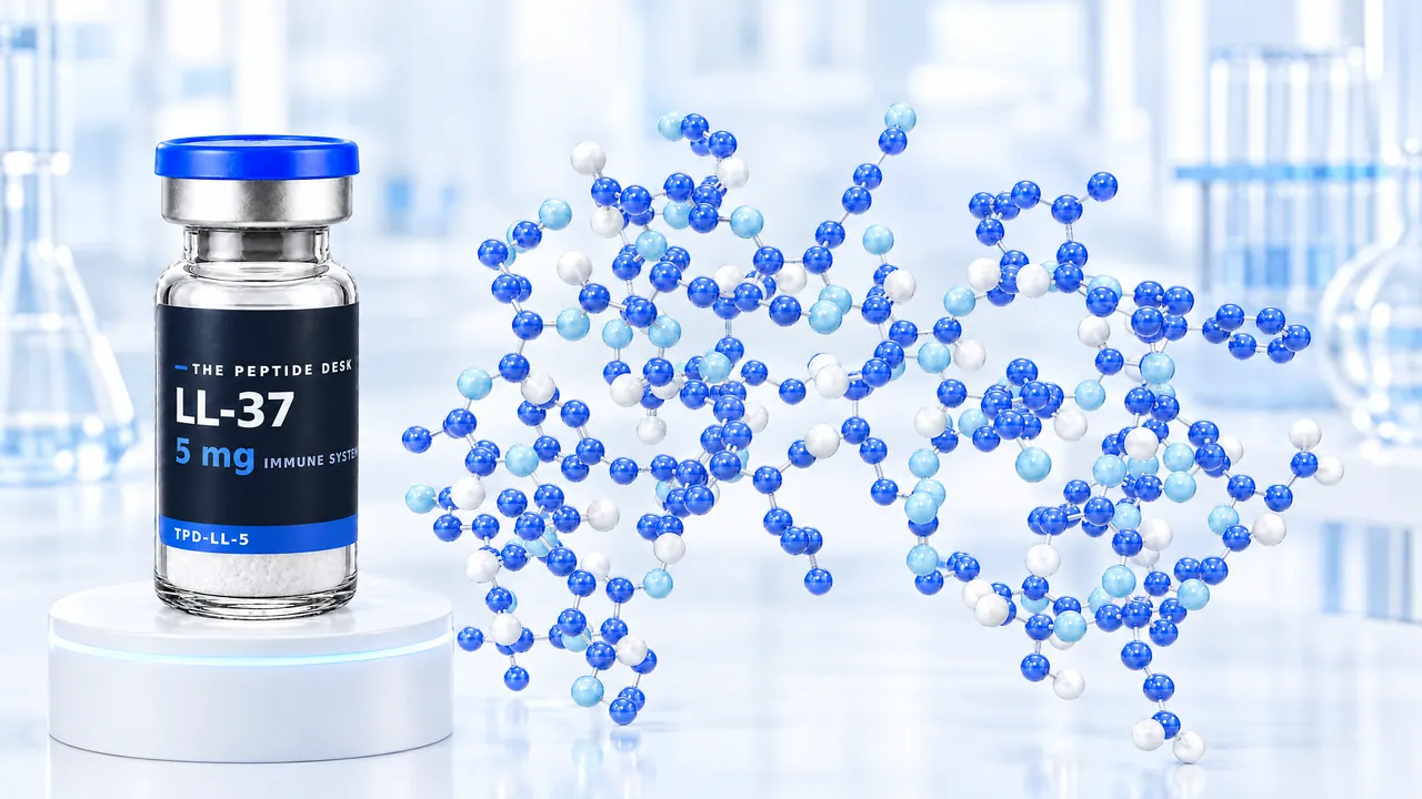LL-37 vial with white powder and the black TPD label on a white podium, next to a large blue 3D peptide chain in a bright lab