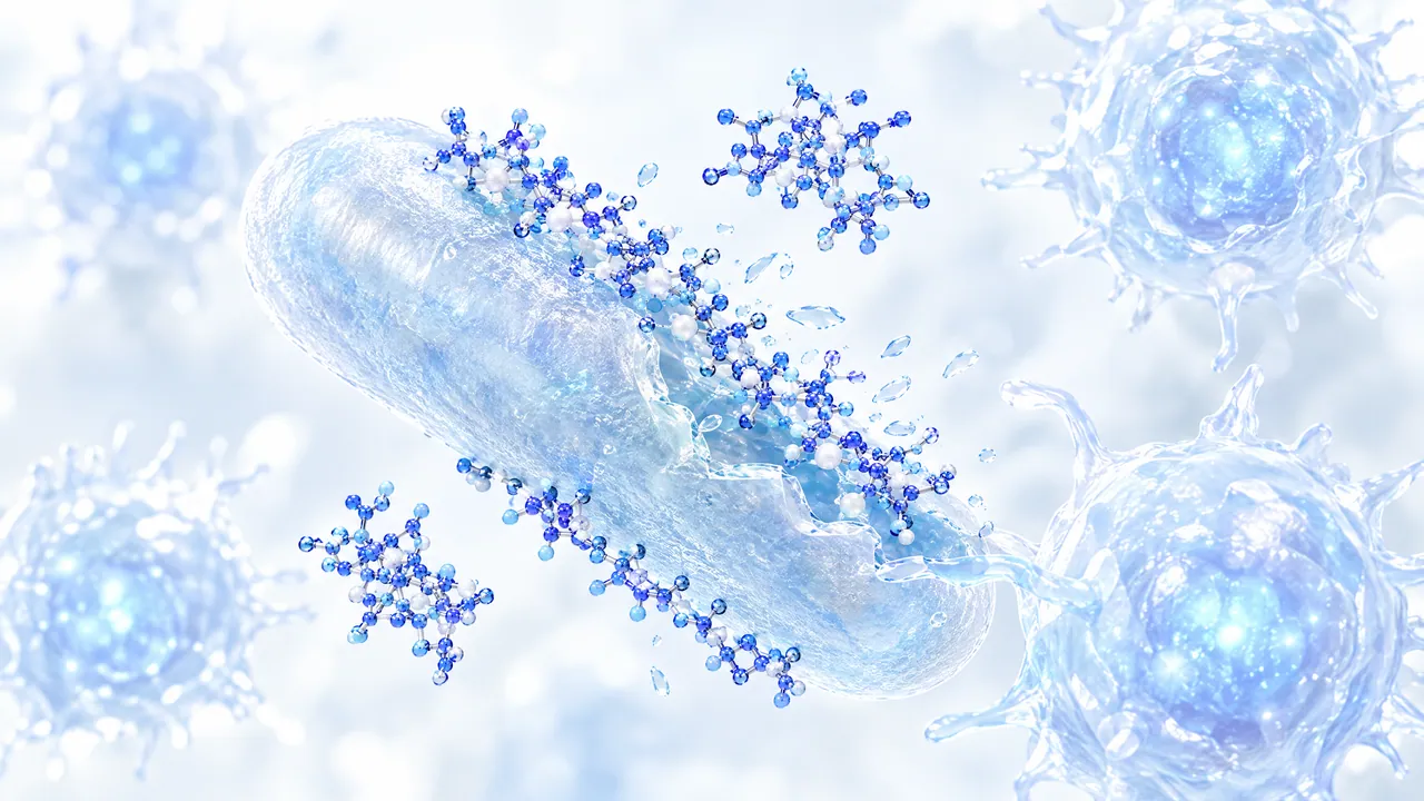 A translucent rod-shaped bacterium with blue 3D molecules docking onto its membrane and breaking it open, glowing immune cells around it