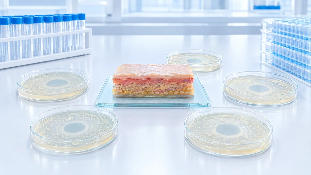 A piece of skin tissue on a glass plate between Petri dishes with bacterial cultures in a bright lab