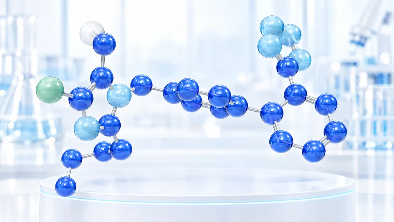Large blue 3D molecule model with a green chlorine atom above a white podium in a bright lab