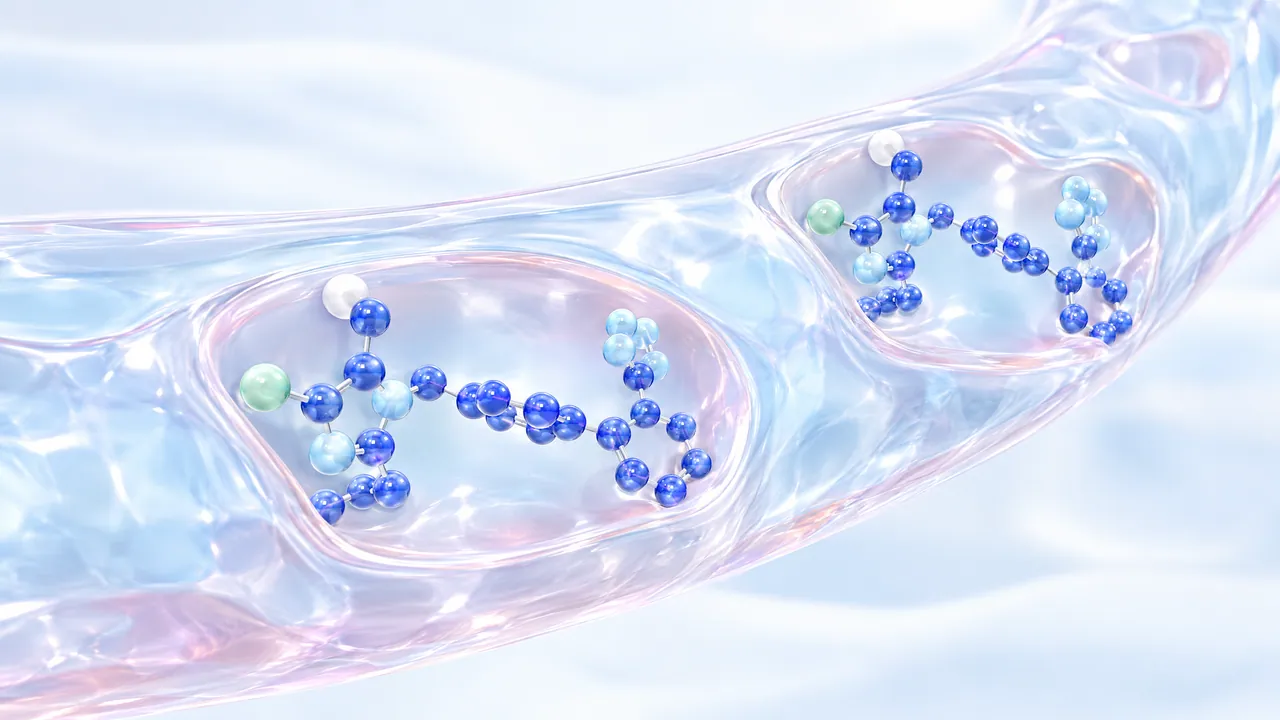 Transparent glass blood vessel with a pink wall, holding blue molecules with a green atom in two chambers