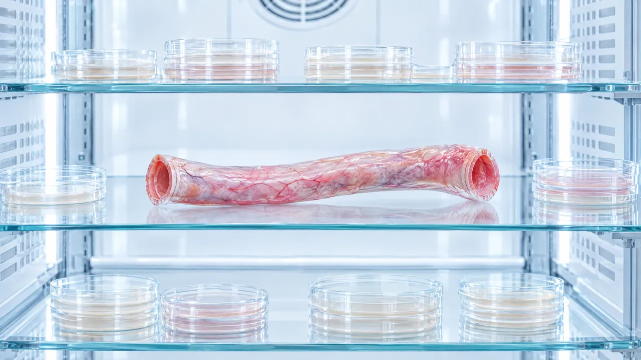 Model of a blood vessel with a pink wall and fine veins on a glass shelf in an incubator between petri dishes