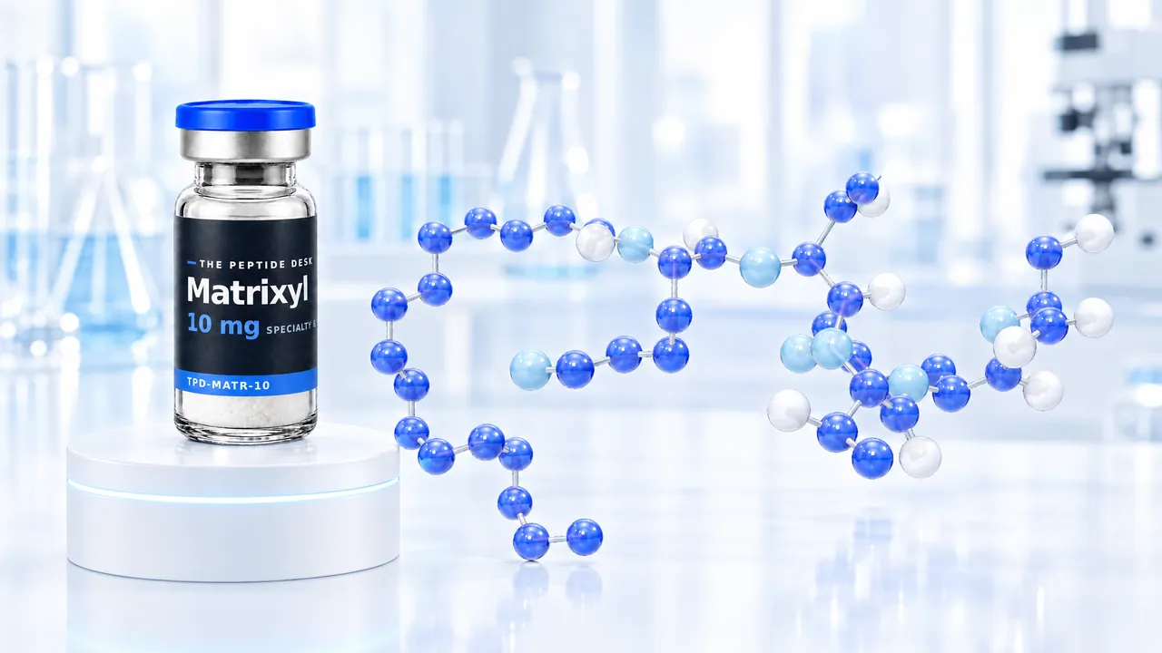 Matrixyl vial with white powder and the black TPD label on a white podium, next to a blue 3D peptide chain in a bright lab