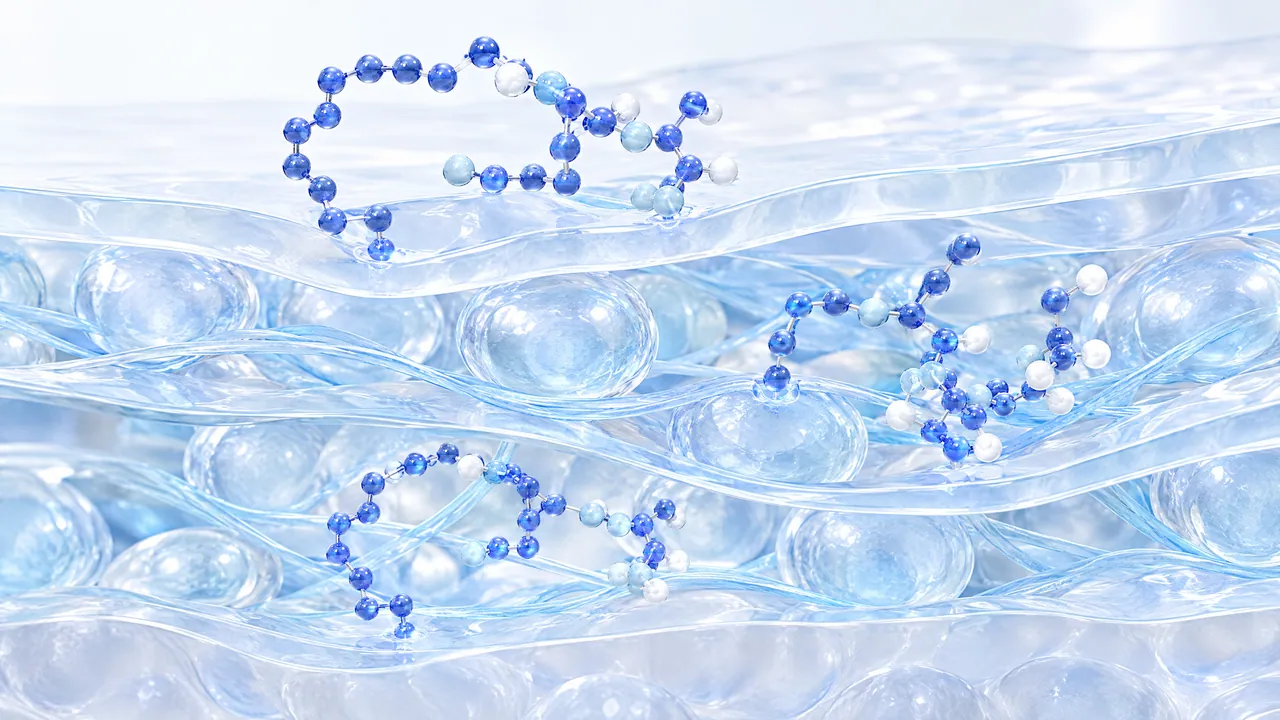 Translucent, wavy light blue skin layers with enclosed bubbles, blue 3D peptide chains between them