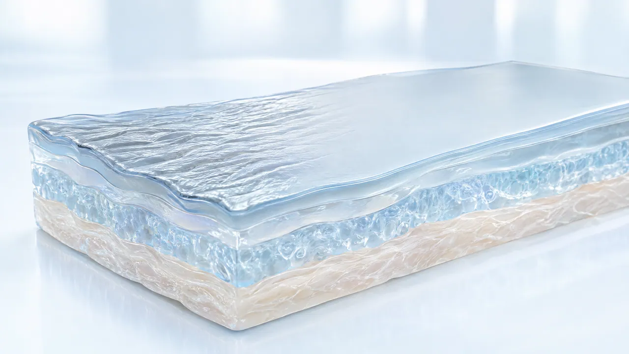 A block of skin layers with a glossy, wavy surface and a light beige lower layer against a light background