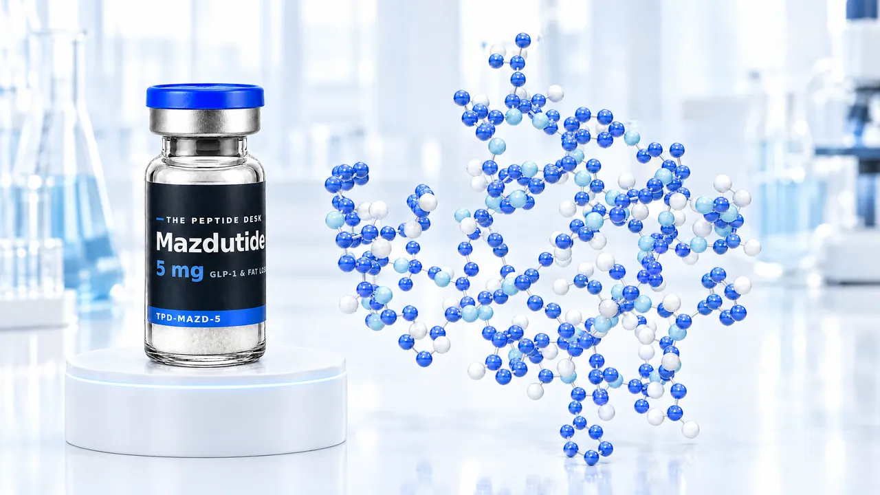 Mazdutide vial with white powder and the black TPD label on a white podium, next to a large blue 3D peptide chain in a bright lab