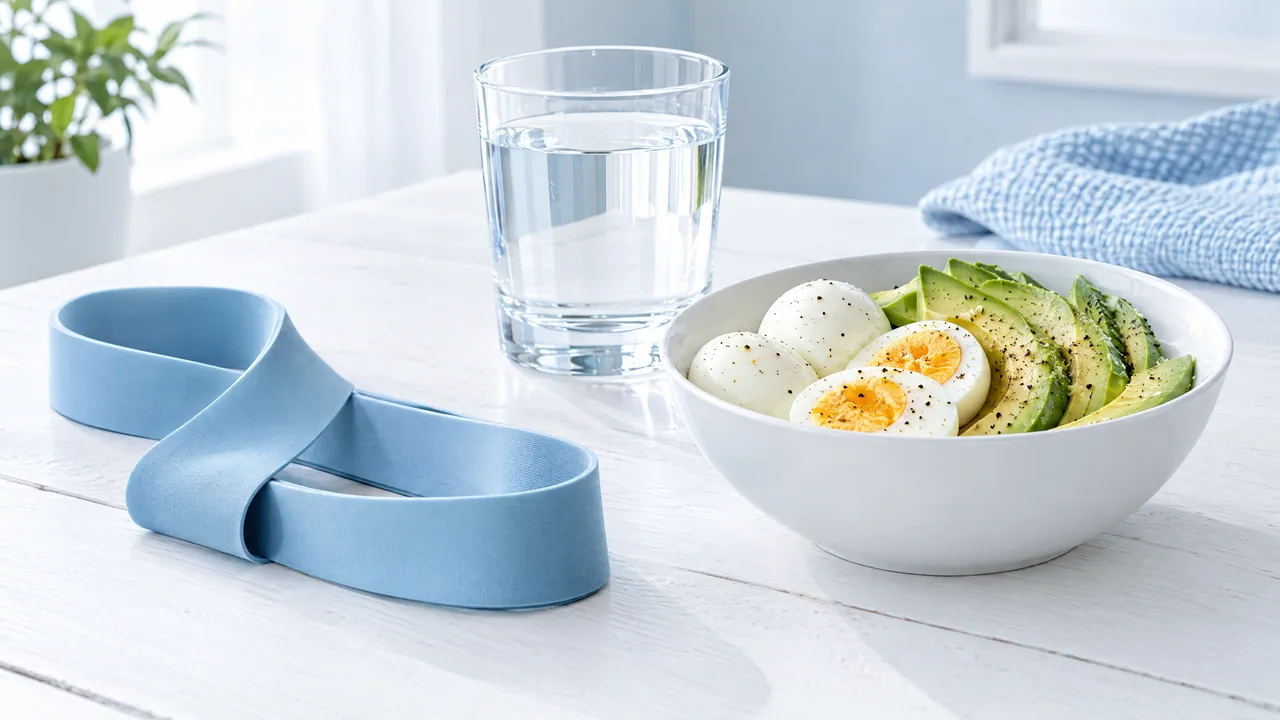 A glass of water, a bowl with eggs and avocado and a light blue resistance band on a bright table