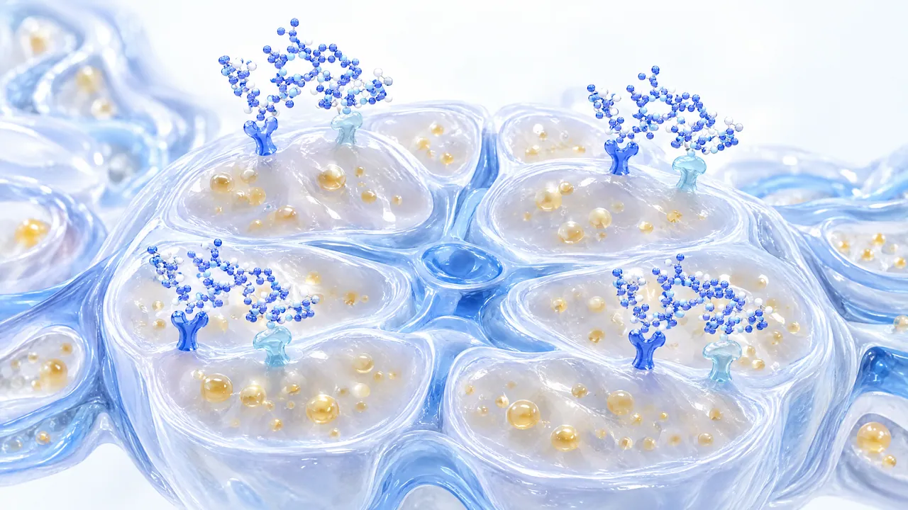 Translucent blue cells with golden fat droplets, with blue 3D molecules docking onto receptors on their surface