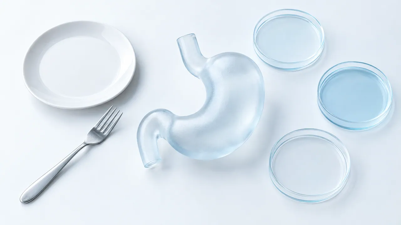 Glass model of a stomach on a white table, next to an empty plate with a fork and three Petri dishes