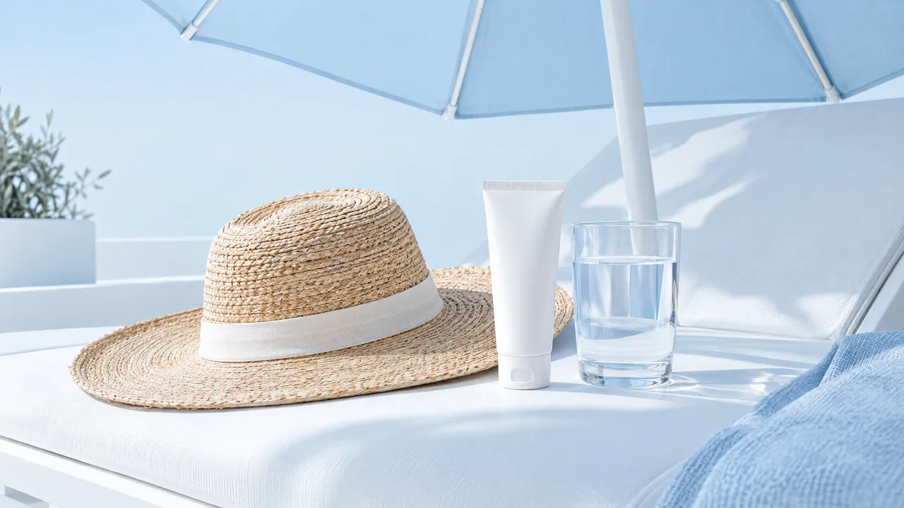Straw hat, a white tube of sunscreen and a glass of water on a light lounger under a blue parasol