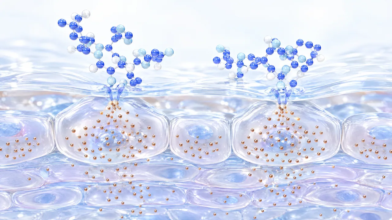Cross-section of skin cells: blue 3D molecules dock on at the top, below them brown pigment granules spread through the cells