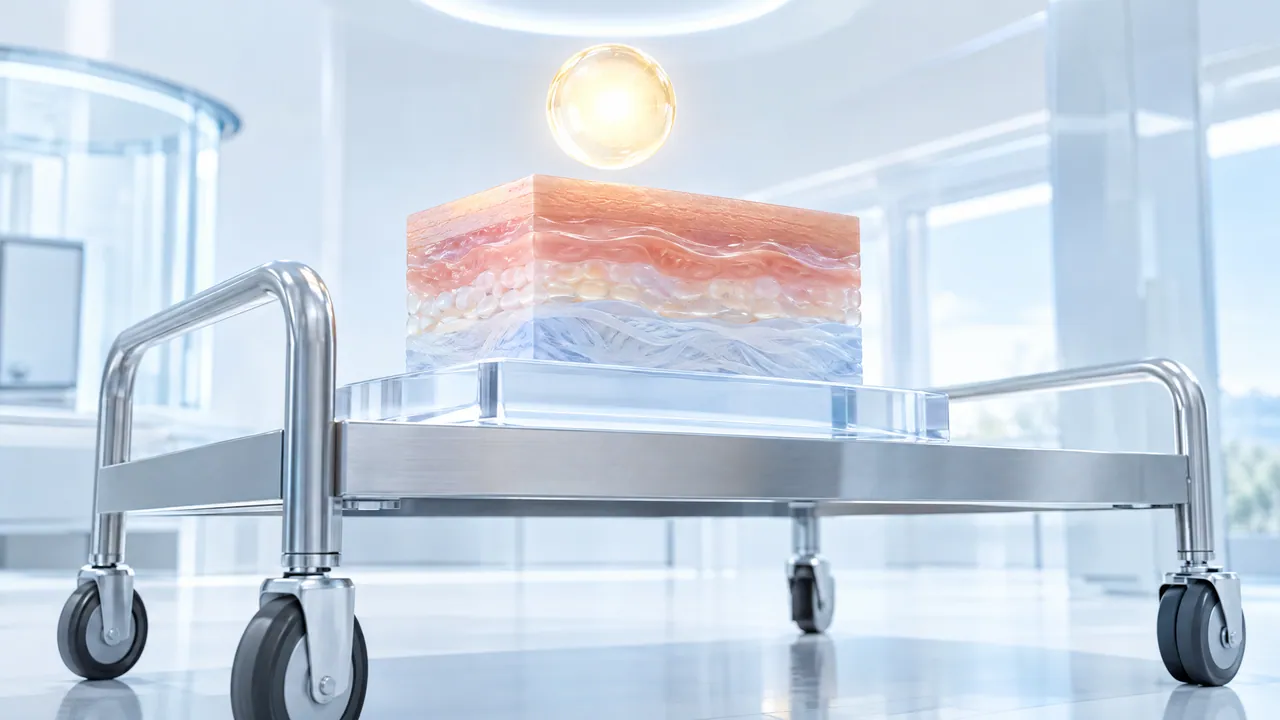 Cube of skin layers on a glass plate above a stainless steel cart, with a glowing sphere of light above it in a bright room
