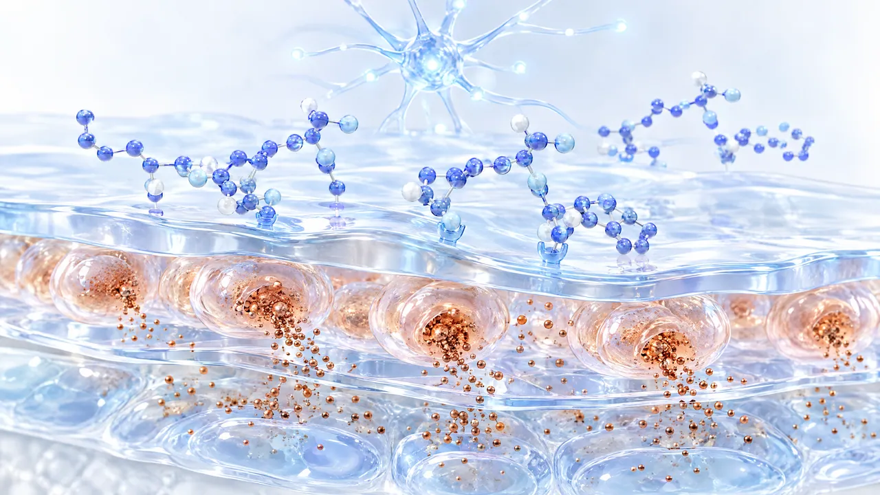 Translucent skin layers with blue 3D molecules docking on, below them cells with brown pigment granules, a glowing nerve cell at the top