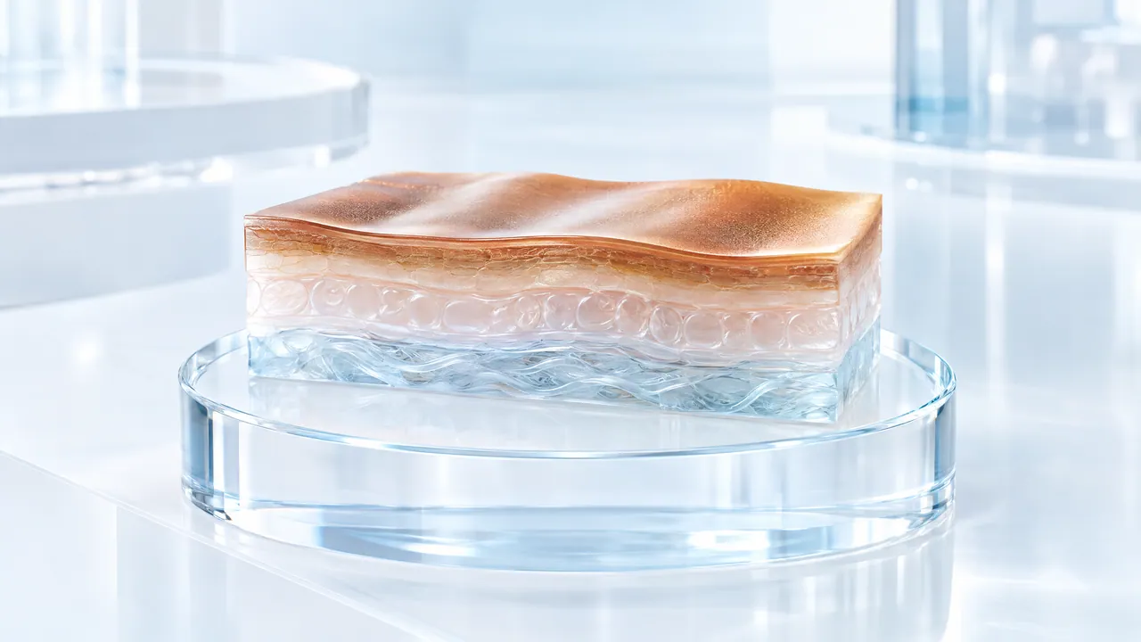 Skin sample with a dark, tanned top layer on a glass dish in a bright lab